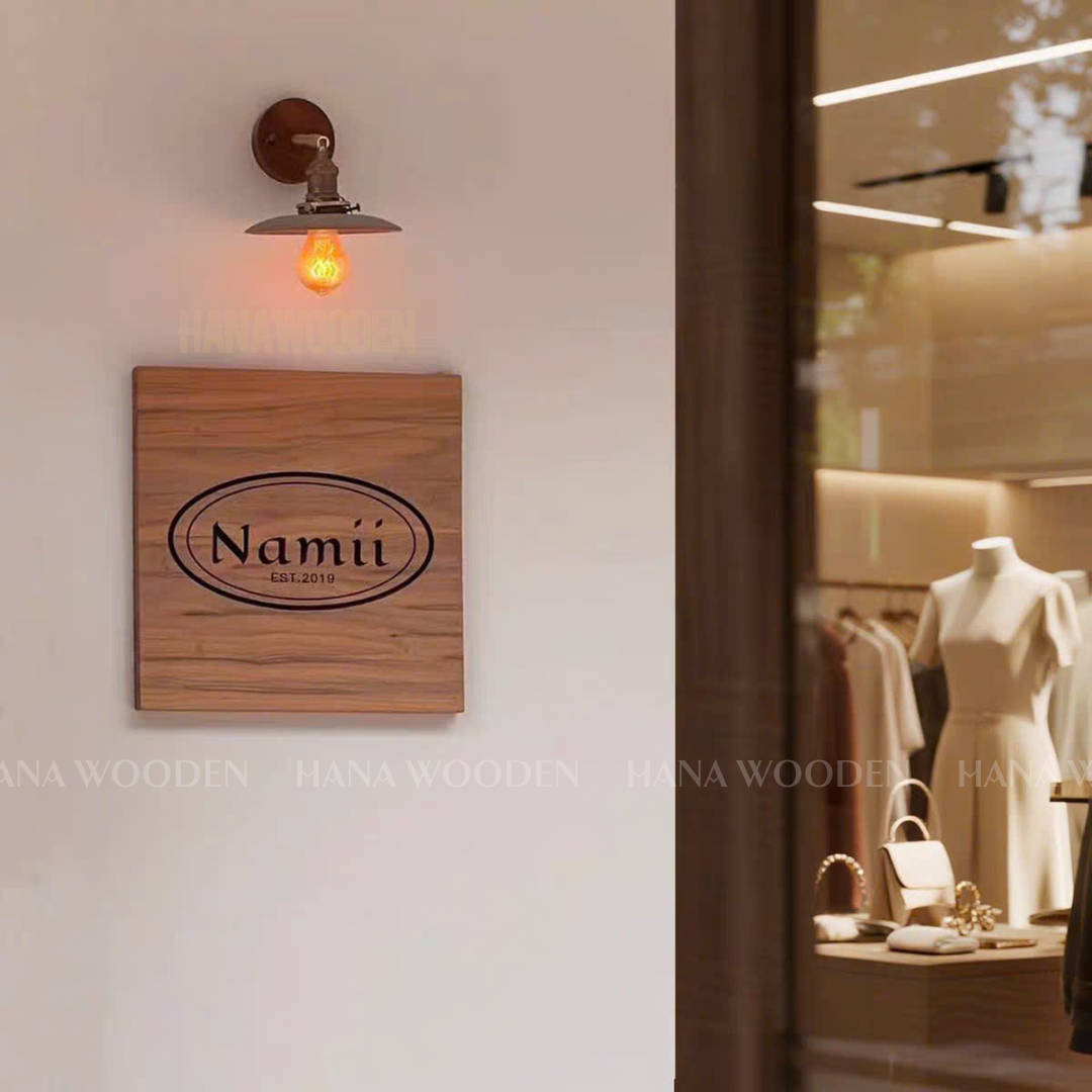 Wooden sign engraved with house number, company name, shop name, and opening hours. - Image 4