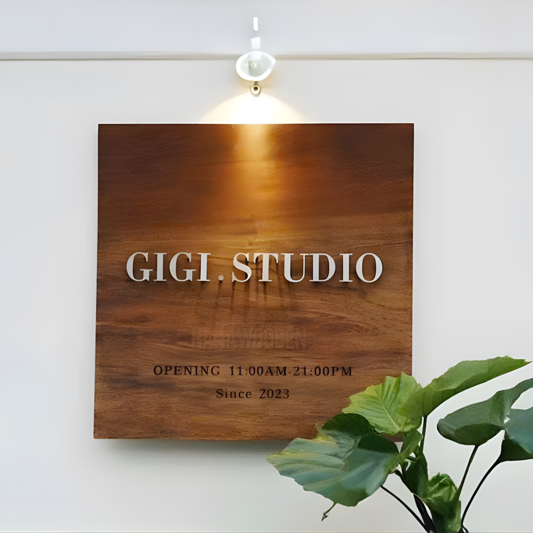 Wooden sign engraved with house number, company name, shop name, and opening hours. - Image 6