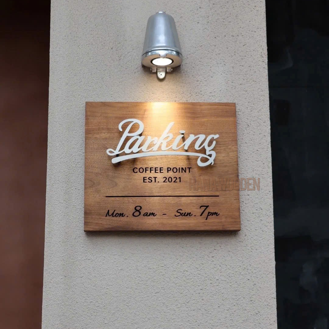 Wooden sign engraved with house number, company name, shop name, and opening hours. - Image 7