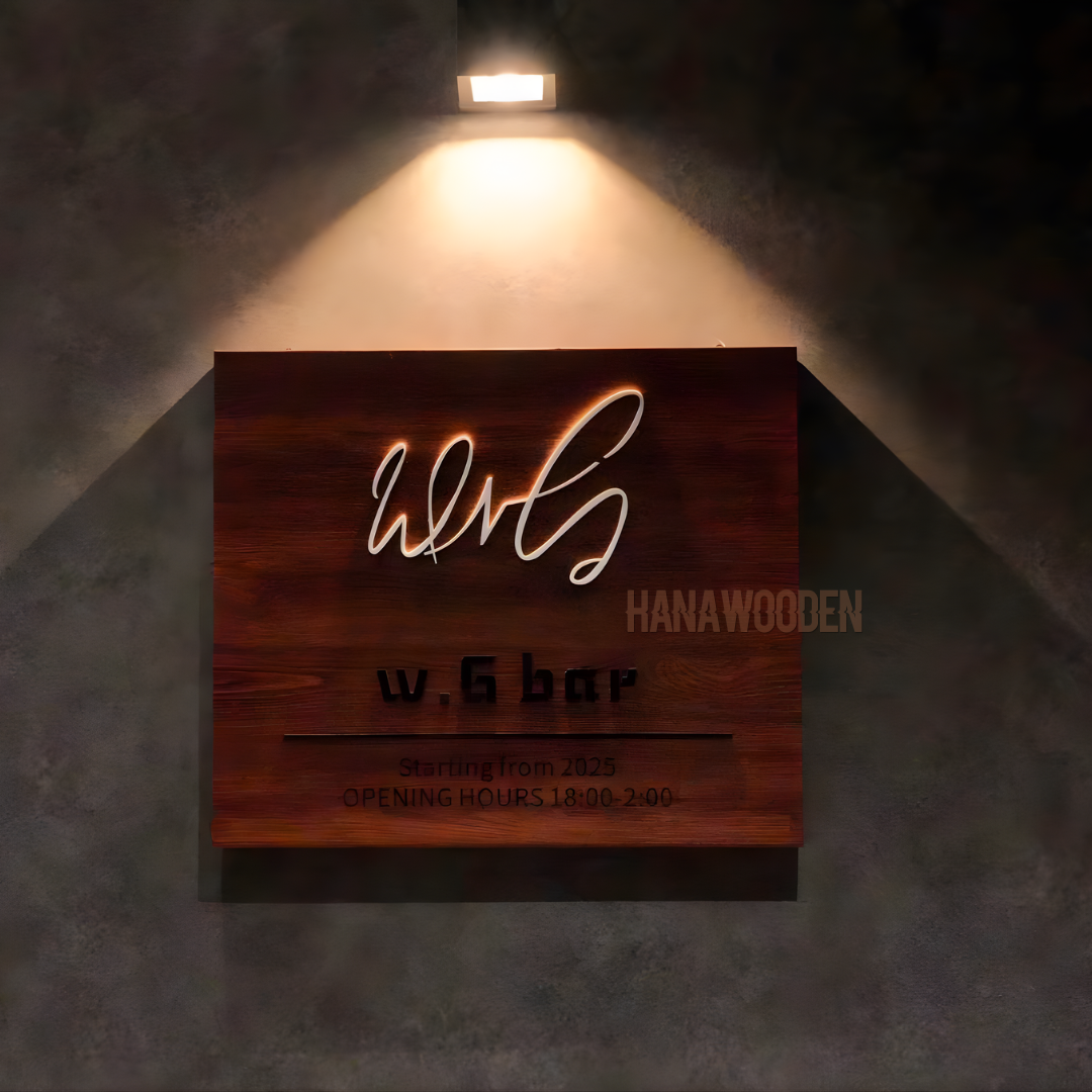 Wooden sign engraved with house number, company name, shop name, and opening hours. - Image 8