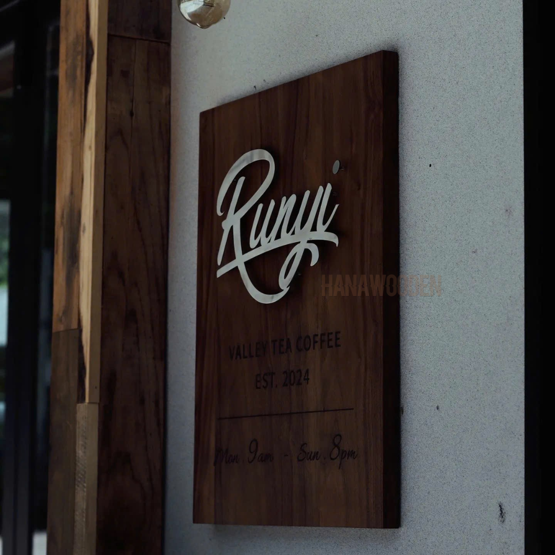 Wooden sign engraved with house number, company name, shop name, and opening hours. - Image 9